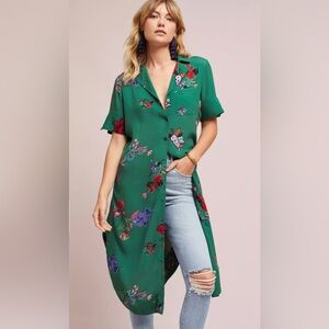 Anthropologie Green Floral Midi Shirt Dress
